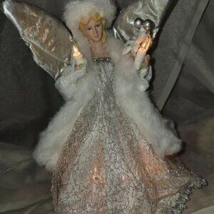 VTG Angel Tree Topper 10" Lighted Kmart Trim A Home Porc. Satin Lace Faux Fur